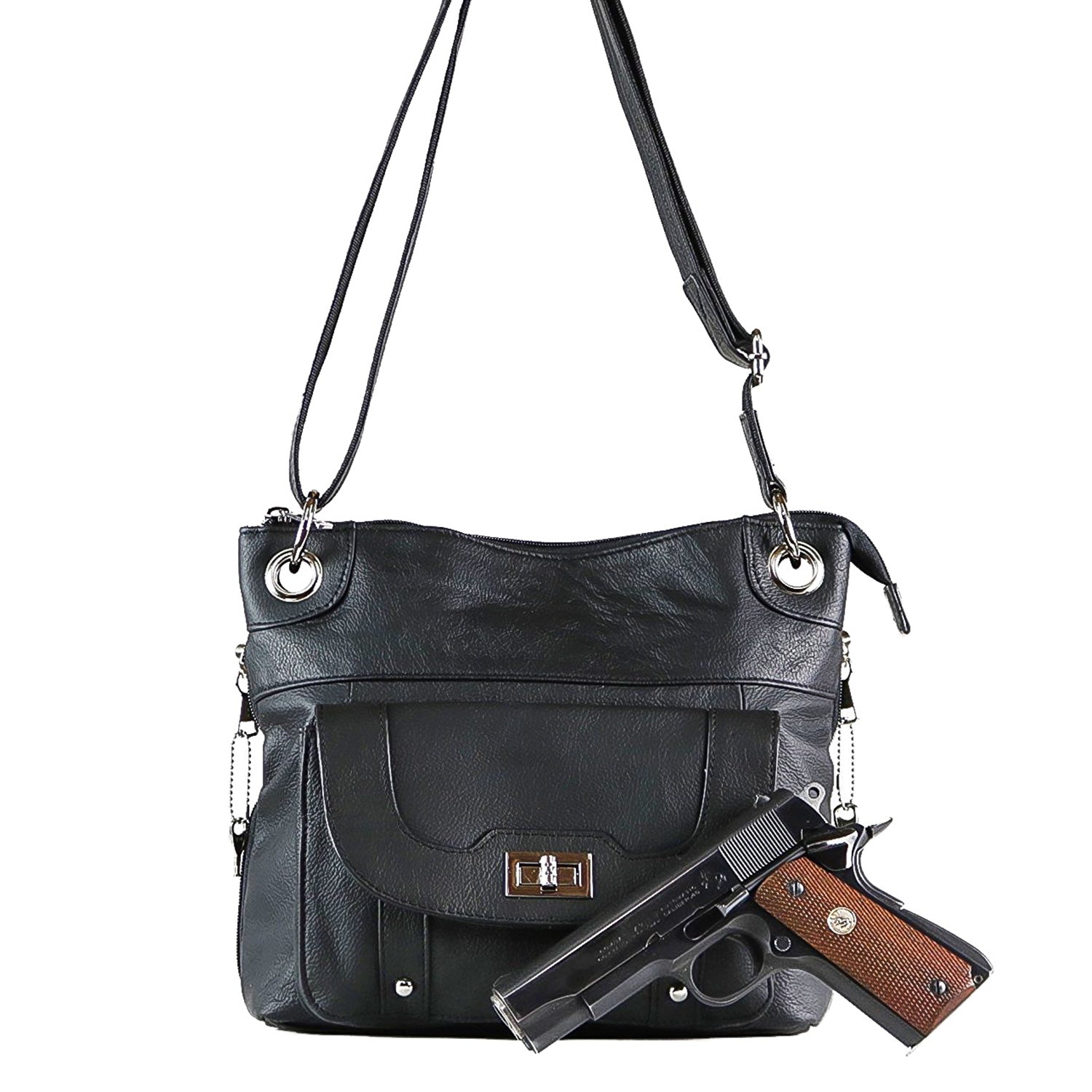 Roma Leathers Black Locking Concealment Purse - CCW Concealed Carry Handbag For Women
